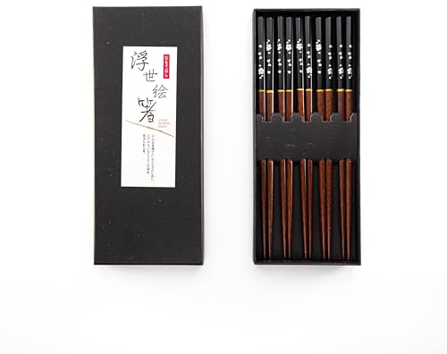 Bamboo Chopsticks Set, 5 Pairs of Stylish Japanese Wooden Chopsticks in Black Box - Perfect Reusable Cooking & Dining Gifts for Anime Fans and Beginners (Black)