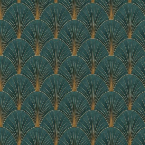 Green Art Deco Avant Garde Wallpaper - Gold Geometric Fan - Modern Glamorous Feature Wall - Metallic Accents Paste The Wall