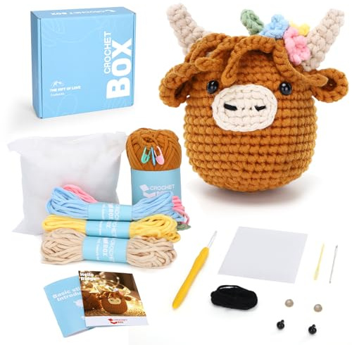 CrochetBox Komplettes Häkelset für Anfänger, Gelb-braun Schottisches Hochlandrind Häkelset, Video-Tutorial einbeziehen, Anleitung, Weiches Garn