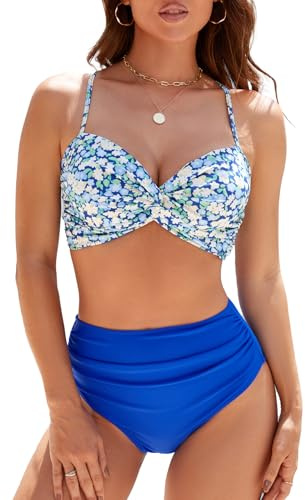 Adigaber Tvådelad baddräkt för kvinnor vriden framsida hög midja bikini set elegant V-ringad, Färg: blå, M