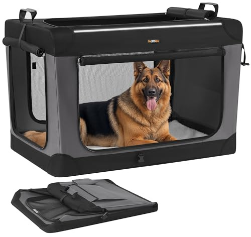 Feandrea Hundebox faltbar, 106,7 cm Transportbox für große Hunde, Hundetasche, Oxford-Gewebe, mit 4 Türen aus Netzstoff, Griffen, Taschen für Futter und Wasserflasche, tintenschwarz PDC021B01