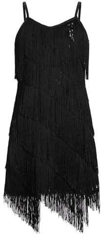 EFOGEP - Abito da bambina per ragazze latino con nappe scintillanti, paillettes, senza maniche, a strati, con frange, per balli da sala, cha cha, jazz, balletto, danza, performance anni 1920, Nero , 8