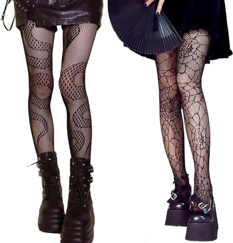 LYhsmg Fishnet Tights Womens,2 Pairs Snake Tights Set,Patterned Tights,Black Fishnet Tights,Halloween Spiderweb Snake Fishnets Stockings for Halloween Costumes and Cosplay