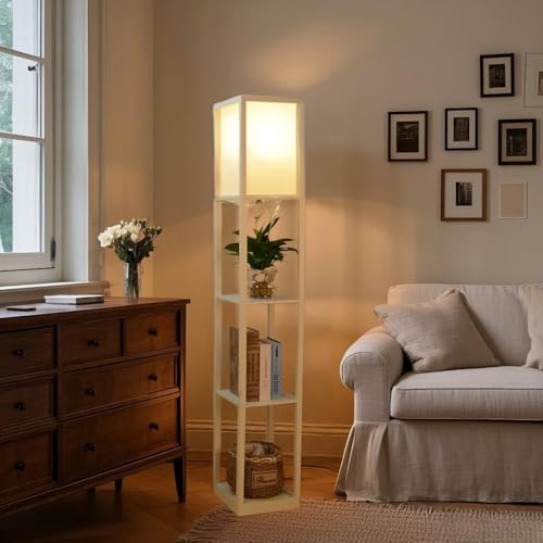 YU YUSING Lampada da Terra Salotto con Scaffale in Legno, Piantana Lampada da Terra con 3 Ripiani 160 cm, Lampada a Stelo con Attacco E27, per Camera da Letto e Soggiorno, Bianco (Senza Lampadine)