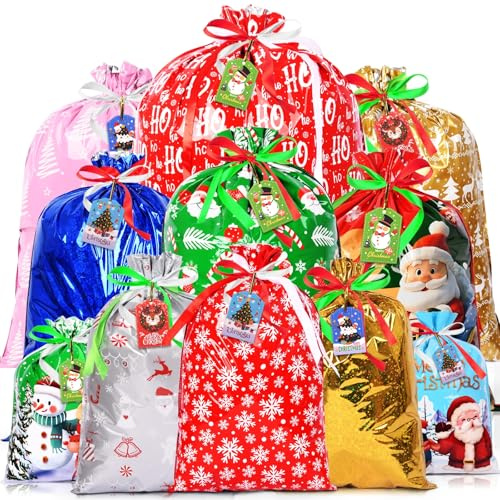 AhfuLife 32 Stück Weihnachten Geschenkbeutel mit Kordelzug, 11 Designs Weihnachtsgeschenkbeutel 5 Größen mit Geschenkanhänger Weihnachten für Schnell Weihnachtsgeschenke Verpacken