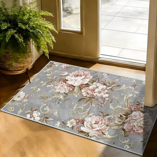 WQMMD Vintage Klein Teppich Rosa 60x90cm Kurzflor rutschfest Waschbarer Weich Teppich Boho Retro Blumen Blätter für Küche,im Eingangsbereich,Bedroom,Vorzimmer