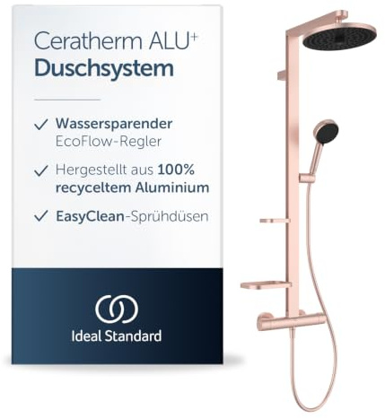 Ideal Standard Ceratherm Alu+ Freiliegendes Duschsystem, mehrere Duschfunktionen, Thermostatfunktion, Wasser- & Energieeinsparung, Kernelemente aus Aluminium, in Rosé-Optik