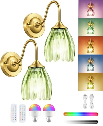 LumaBrite Vintage Rechargeable Wall Lights - 8000mAh Wireless Wall Sconces (Set of Two) 12 RGB & 3 Color Temperatures Battery Operated Wall Lights Indoor with Remote, Green Glass Lampshade