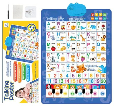 Poster con alfabeto bilingue, tabella di apprendimento interattiva parlante, giocattolo musicale educativo per bambini in materiale inglese e spagnolo, divertente strumento di sviluppo linguistico per