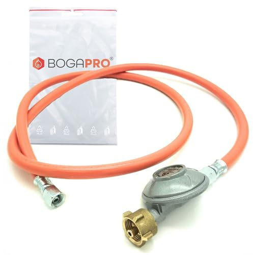 BOGAPRO Schlauch-Regler Set, 150 cm Gasschlauch mit 1/4 lks Anschluss und Campingregler 50 mbar, für handelsübliche Propangasflaschen, inkl. Polybeutel