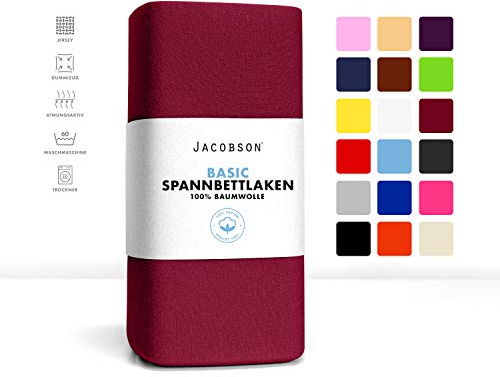 Jacobson Jersey Spannbettlaken Spannbetttuch Baumwolle Bettlaken (90x200-100x200 cm, Bordeaux)