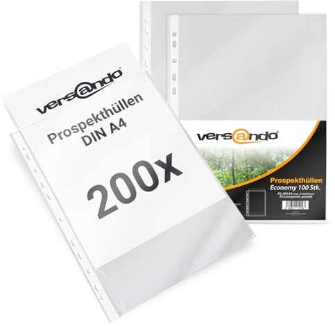 versando 200x A4 Prospekthüllen Economy mit Heftrand Klarsichthüllen genarbt transparent 45my (2x100 Stück)