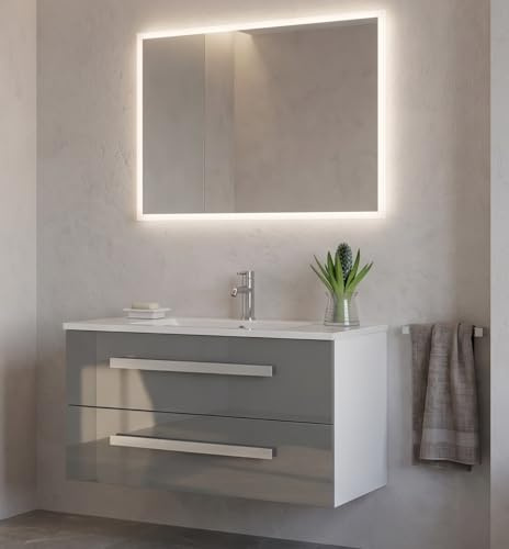Jet-Line® Badmöbelset Rapperswil mit 2 Schubladen mit Soft-Close, Waschtisch, Hochglanzfronten in Grau, Waschbecken und Unterschrank für Bad oder WC, 90 cm Breit