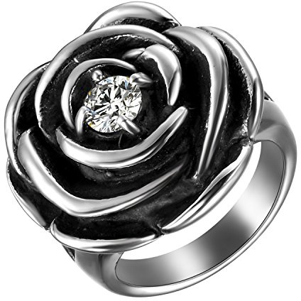 JewelryWe Schmuck Damen-Ring, Edelstahl Ring Rose Flower Blume Zirkonia CZ Gothic Silber Cast Band für Frauen