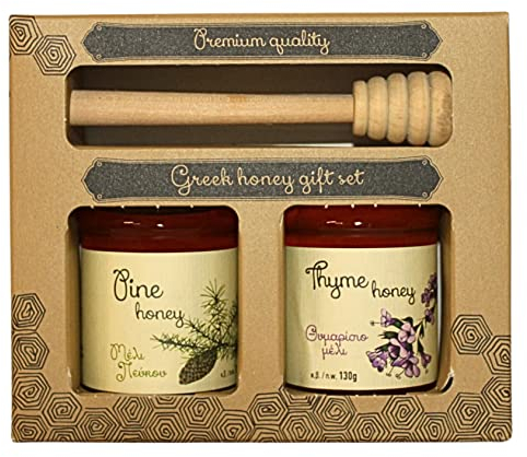Melissokomiki Dodecanese Set Regalo Miele Greco con Tuffatore, 2 x 130 g – Miele di Timo e Pino da Rodi, Aromatico e Naturale, Perfetto per Colazione, Dolci e Degustazione