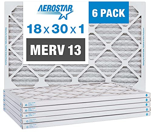 Aerostar 18x30x1 MERV 13 Pleated Air Filter, AC Furnace Air Filter, 6 Pack (Actual Size: 17 3/4 x 29 3/4 x 3/4)
