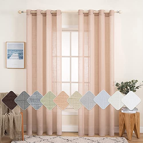 MIULEE 2er Set Voile Vorhang Sheer Leinenvorhang mit Ösen Transparente Leinen Optik Gardine Ösenschal Wohnzimmer Fensterschal Lichtdurchlässig Dekoschal Schlafzimmer 140x245cm (B x H) Pfirsich