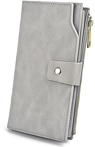 UTO Geldbörse Damen RFID Blockierung PU Leder Kupplung 21 Kartensteckplätze Halter Organizer mit Große Kapazität innere Tasche passt 5,5 '' Handy grau