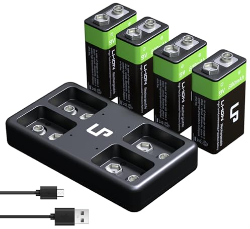 9V Rechargeable Battery Charger Pack, LP 4-Pack 600mAh 9 Volt Li-ion Batteries & 4-Bay Battery Charger for Alarms, Wireless Microphones, Smoke Detectors, Toys, Flashlights, Guitar, Keyboard & More