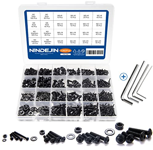 Schrauben Set NINDEJIN 1060 PCS Kohlenstoffstahl Schrauben Muttern und Unterlegscheiben Sortiment Kit mit Schrauben Aufbewahrung Box M2 M3 M4 M5 Innensechskant Maschinenschrauben Schrauben Set BUTTON