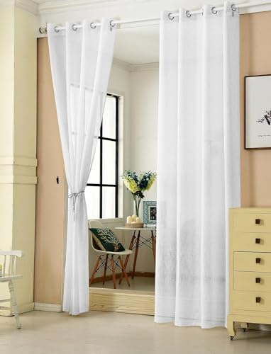 WOLTU Gardinen mit Ösen Leinenoptik halbtransparent 140x145cm Weiß | 2er Set Leinenoptik Vorhang Ösenschal für Wohnzimmer und Schlafzimmer, moderne Stores mit weichem Licht, Länge 145 cm
