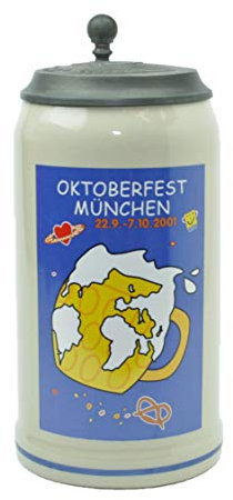 Steinfixx® - Boccale originale Oktoberfest 2001 con coperchio in peltro e certificato I Boccale dell'anno I Wiesnkbrocg I