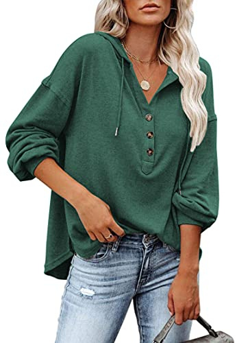 PLOKNRD Hoodie Damen V-Ausschnitt Pullover Kordelzug Dünn Kapuzenpullover | Langarm Knöpfen Henley Tops Sweatshirt Hooded Kapuze Herbst Winter Leicht Freizeit Sport Boho Klassisch Urlaub Party