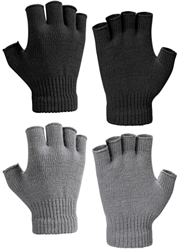 Kiiwah 2 Paar Halbfinger Handschuhe, Winter Fingerlose Handschuhe Strickhandschuhe für Herren Damen (Schwarz, Grau)