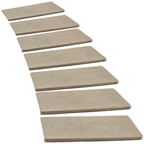PURE ERA Bullnose Carpet Stair Treads Set Tape Free Non-Slip Indoor Stair Protectors Pet Friendly Rugs Covers Soft Skid Resistant Washable Reusable 9.5 x 30(14 Pieces,Cream Gray)