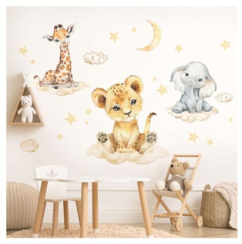 DEKO KINDERZIMMER Wandsticker Safari Tiere mit Wolken Kinderzimmer Wandtattoo Dschungel Löwe Elefant Wandaufkleber Babyzimmer Deko DK1029-3