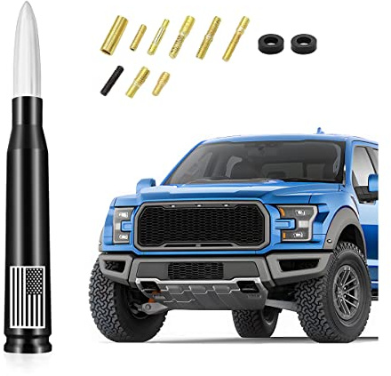 AUKEPO Car Bullet Antennenmast, 5,5 Zoll AM/FM Radio Antenne mit Amerikanische Flagge Design, 9 Schrauben Adapter und 2 Gummiringe, Auto Ersatz Zubehör Universal für LKW, Pickup, SUV (Silber)
