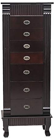 Karl home Large standing Jewelry Armoire Cabinet with 7 Drawers & 2 Swing Doors 16 Hooks, Large Wood Jewelry Cabinet Organizers with Top Flip Mirror, Dark Brown
