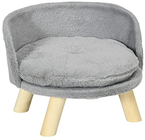 PawHut Hundesofa Hundecouch mit Kissen, Holzbeine, Abwaschbares Hundebett erhöhtes Haustiersofa Katzensofa für kleine Hunde, 40,5 x 40,5 x 33 cm Grau