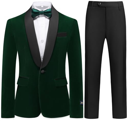 Boys Velvet Suits Slim Fit Tuxedo 2 Piece Kids Blazer Jacket Pants Formal Sizes 7 8 Fashion Ring Bearer Outfit for Wedding Green