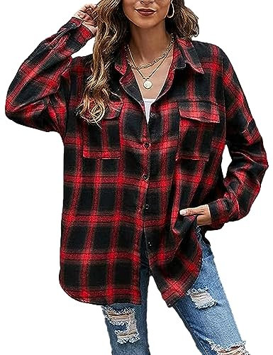 Zontroldy Womens Flannel Shirt Long Sleeve Oversized Button Plaid Shirt Top