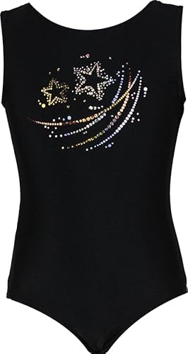 GymStern Gymnastikanzug Sterne Lycra Mädchen Turnanzug Kurzarm Kinder Turnbody kurzärmlich, Größe:128, Farbe:Lycra in Schwarz/STERNCHEN