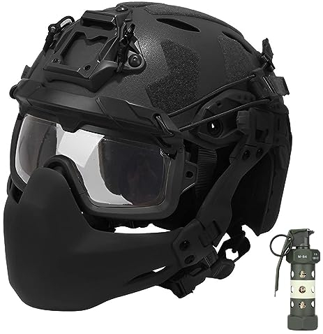 SIANKO Tactical Fast Airsoft Paintball Helmet Set,Folding Half Seal PJ Mask Goggles,with Dummy Flashbang Model Light,for Outdoor Hunting BB CS Military Game (Black)