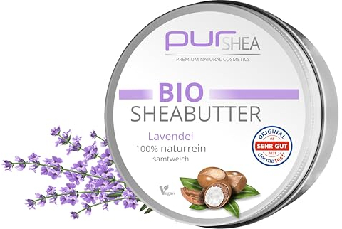 purSHEA - Bio Sheabutter - 100% naturrein - samtigweiche Konsistenz - reichhaltige Hautpflege in Bio Qualität - Plastikfrei - 250ml (Lavendel)