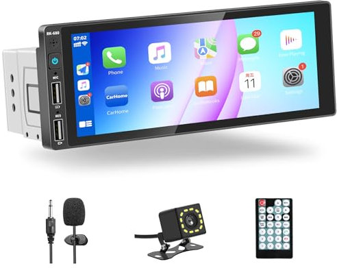Radio de Coche 1 DIN con Apple CarPlay y Android Autoradio, Radio Coche Bluetooth 1 DIN, 6.9 Pantalla Táctil Autoradio Soporte Mirror Link/FM Radio RDS/USB/Micrófono/Cámara de Respaldo/Control Remoto