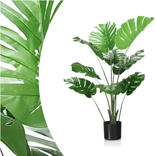 SPOTRAVEL 120CM Artificial Monstera Deliciosa Plant, Faux Houseplant Tree | Indoor Outdoor Evergreen Fake Swiss Cheese Plants in Pot with Cement and Moss for Home Office Decoration