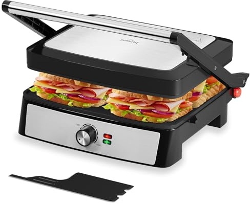 HOMELUX Kontaktgrill, Sandwichmaker und Panini Grill 2200W, Sandwich Maker für Fettfreies Grillen, Toasties, Steak, Panini Maker mit Antihaftbeschichtete Platten 29x23cm, 180° Öffnung, Reinigungsrakel