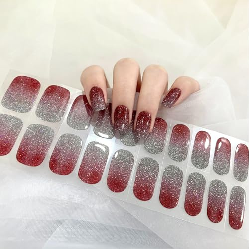 Ceboic Halbgehärtete UV Gel Strips, 22 Stück Nagelfolien Selbstklebend, Salonqualität Full Wraps Nagelaufkleber für Damen Mädchen (Diamant Rot)