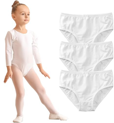 Hornice Mädchen-Unterwäsche aus Reiner Baumwolle,3er-Pack Weiße Slips Tanzunterwäsche Geeignet für 4-18 Jahre, Lateinamerikanische Tänze, Ballett
