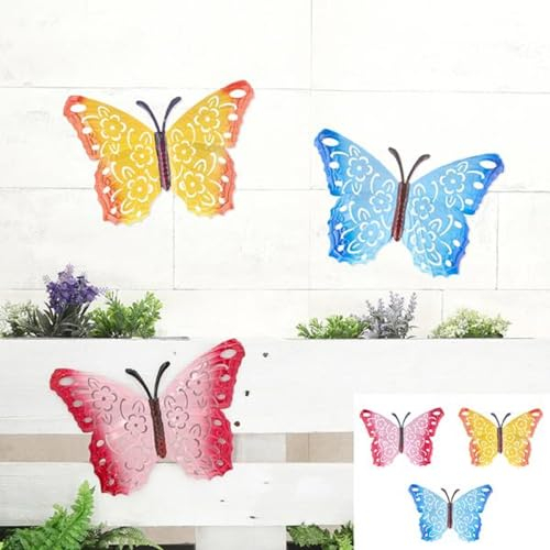 Geschenkestadl 3 Stück Bunte Metall Schmetterlinge groß 40cm Wandfigur Gartenfigur Deko Haus Garten, 882301