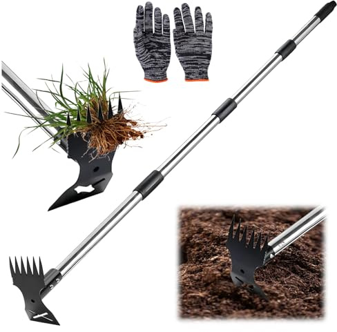 Désherbeur Manuel 160 cm, Râteau Manuel 2 en 1 et houe de Jardin Arrache Mauvaise Herbe Long Manche Outils de Jardinage pour Plantation, Désherbage, Desserrage, Déracinement Outils de barbecue
