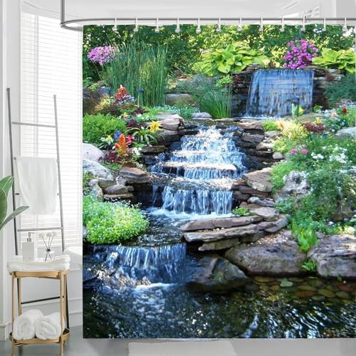 JIANGLANY Tenda da doccia da giardino, tenda da doccia per esterni, scenario roccioso, cascata, giardino, tenda da bagno, impermeabile, colorata, decorazione per la casa, tenda da bagno floreale, con