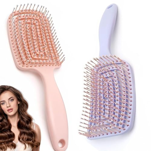 KISUOMAOYI Detangle Hair Brush,Curved Vent Brush and Hair Detangler, Easy Detangling Vented Hair Styling Comb Salon for Long Thick Curly Straight Dry Wet Hair,Styling Hair Brush (Pink+Purple)