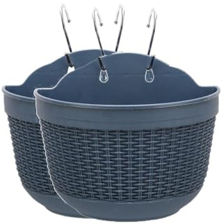 Blumentopf, Wandmontage, Pflanzkorb für drinnen und draußen, mit S-Haken, Rattan-Imitat, halbrund, Blumenhalter, Aufhänger für Balkon, Zaun, Fenster, Rankgitter (groß, blau), 2 Stück