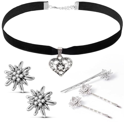TaimeiMao Trachtenkette mit Strass Edelweiß Herz Anhänger, Edelweiß Armband und Edelweiß Ohrstecker (Anzug)