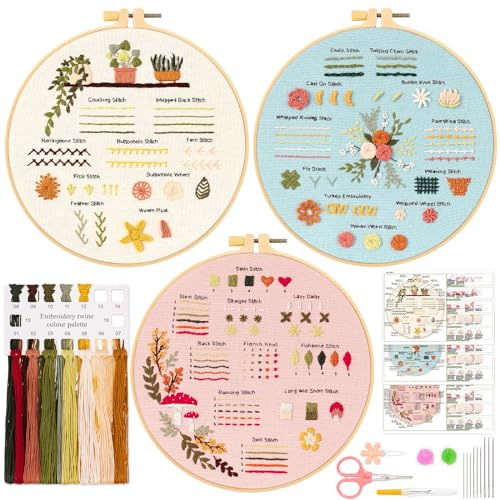JSRQT 3 Pezzi Kit da Ricamo per Principianti, Kit di Pratica di Ricamo per Imparare 30 Punti Diversi, Kit di Punto Croce a Fiori Ricamo Starter Kit per Adulti Bambini con Video Cerchio Ago e Filo